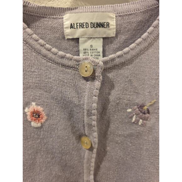 VTG Alfred Dunner Sweater Lavender Cardigan Embroidered Floral Sz S Cotton Ramie - Picture 3 of 8